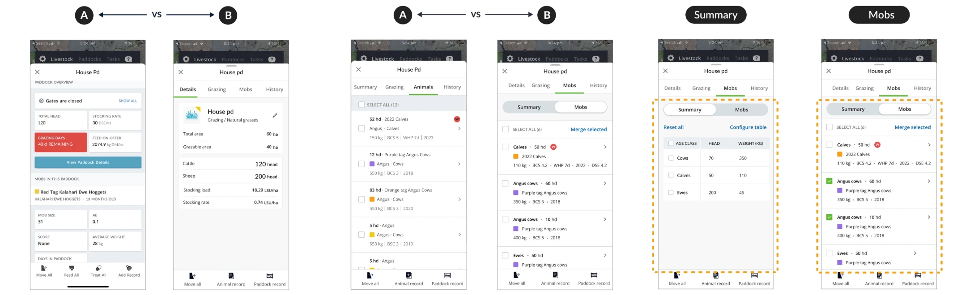 Q6 Mobs list layout A vs B preference test showing summary and mobs tab designs