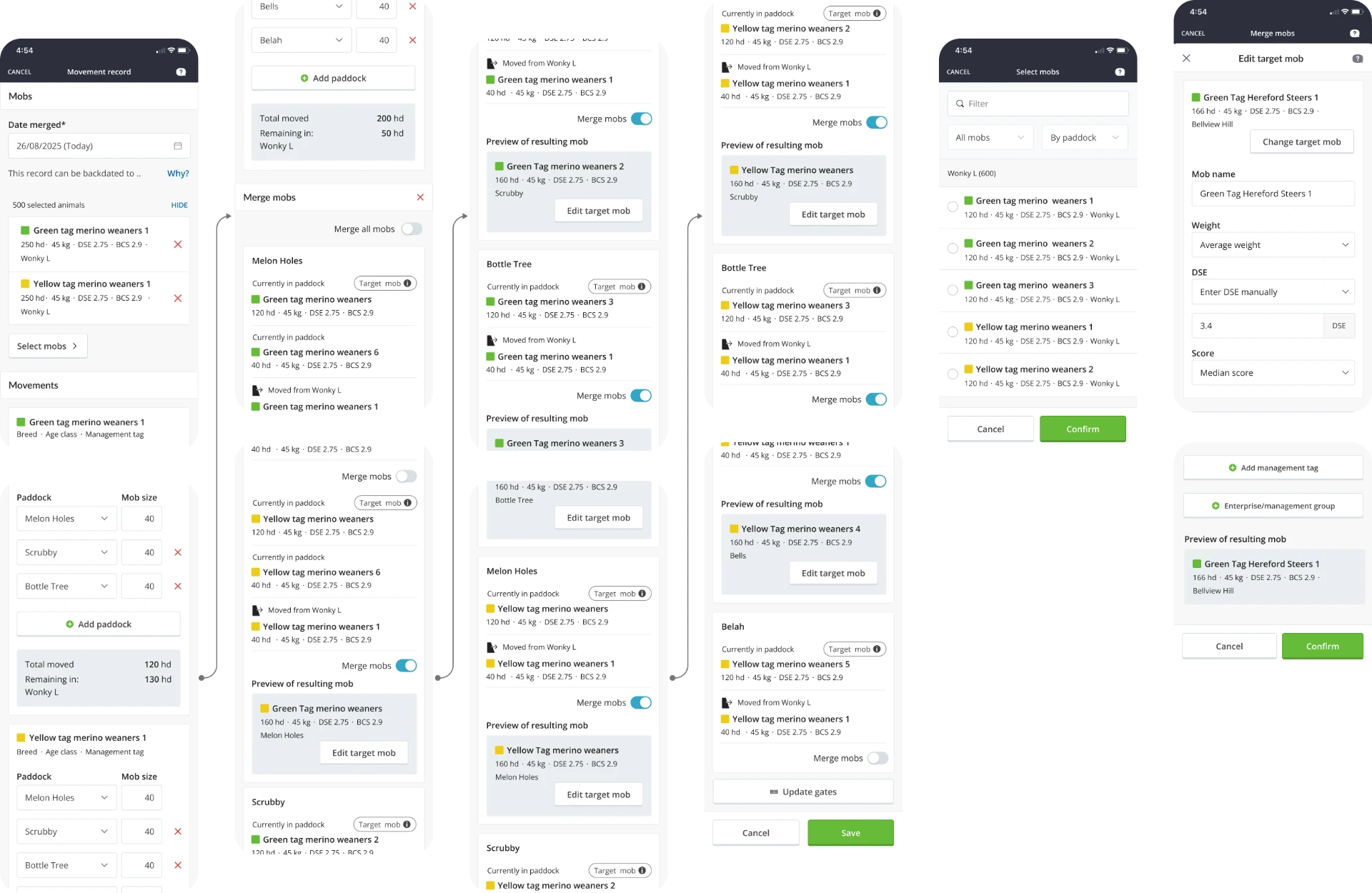 Mobile screens for allocating, moving, splitting, and merging mobs across paddocks