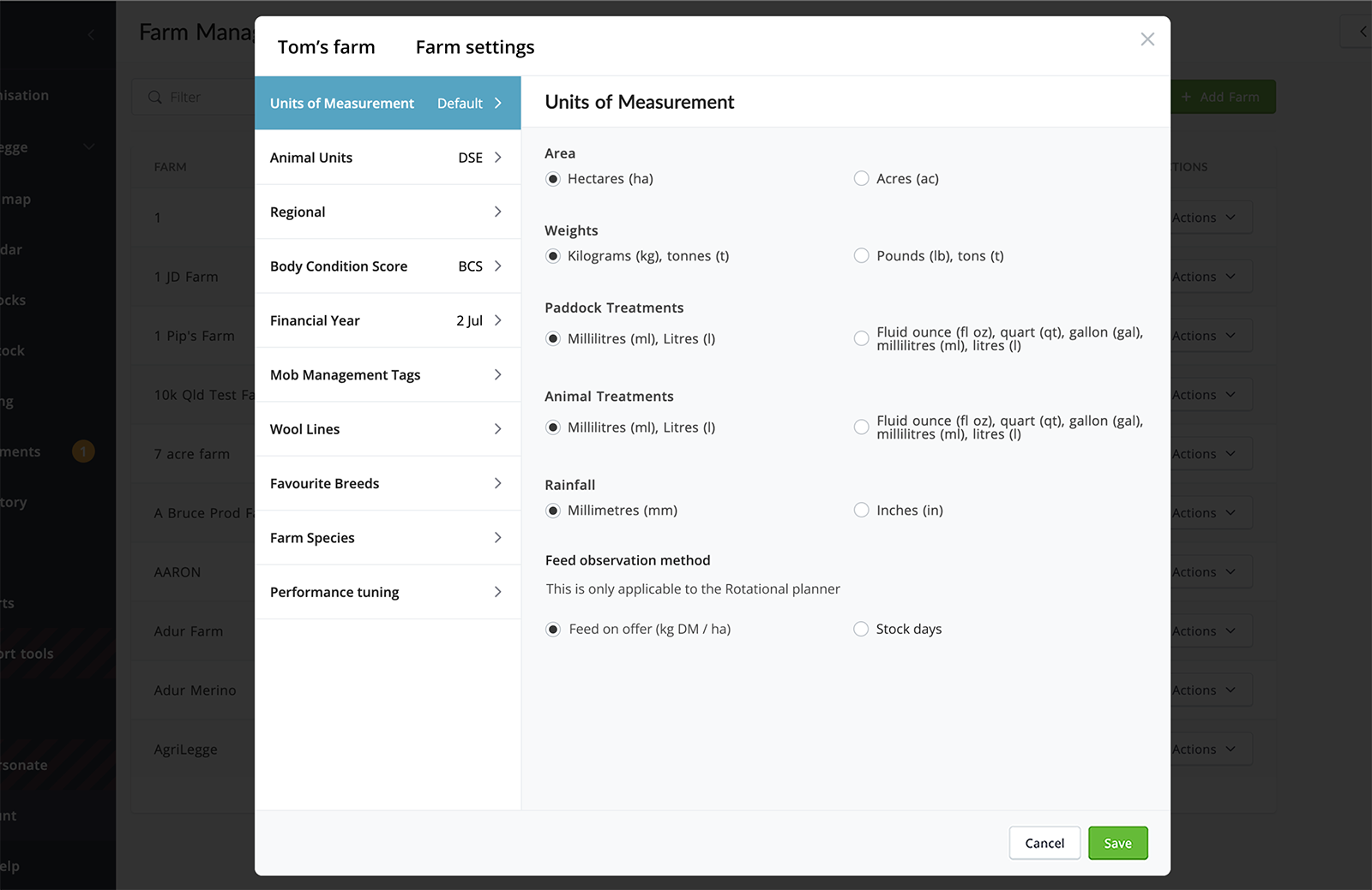 1 Farm settings: units of measure